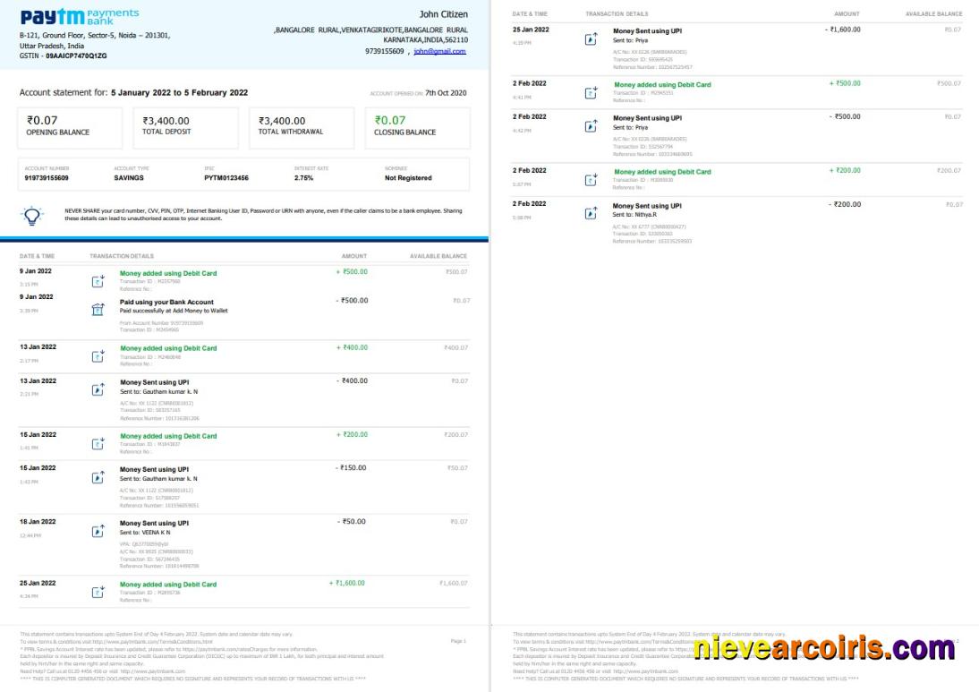 Indian Paytm bank statement 2 page